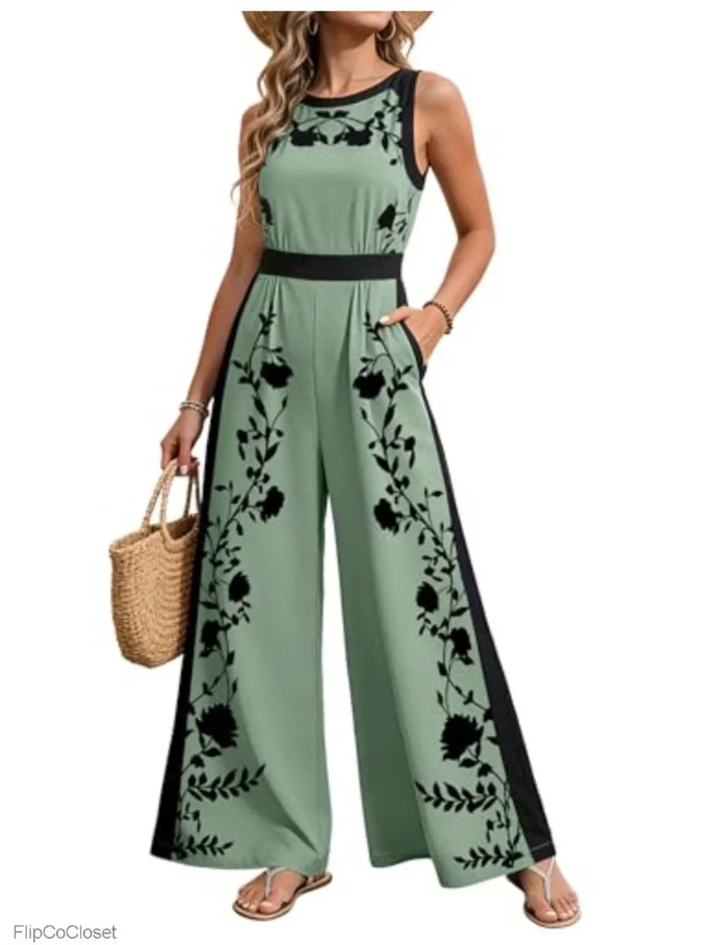 Women's Sleeveless Floral Wide Leg Jumpsuit with Pockets